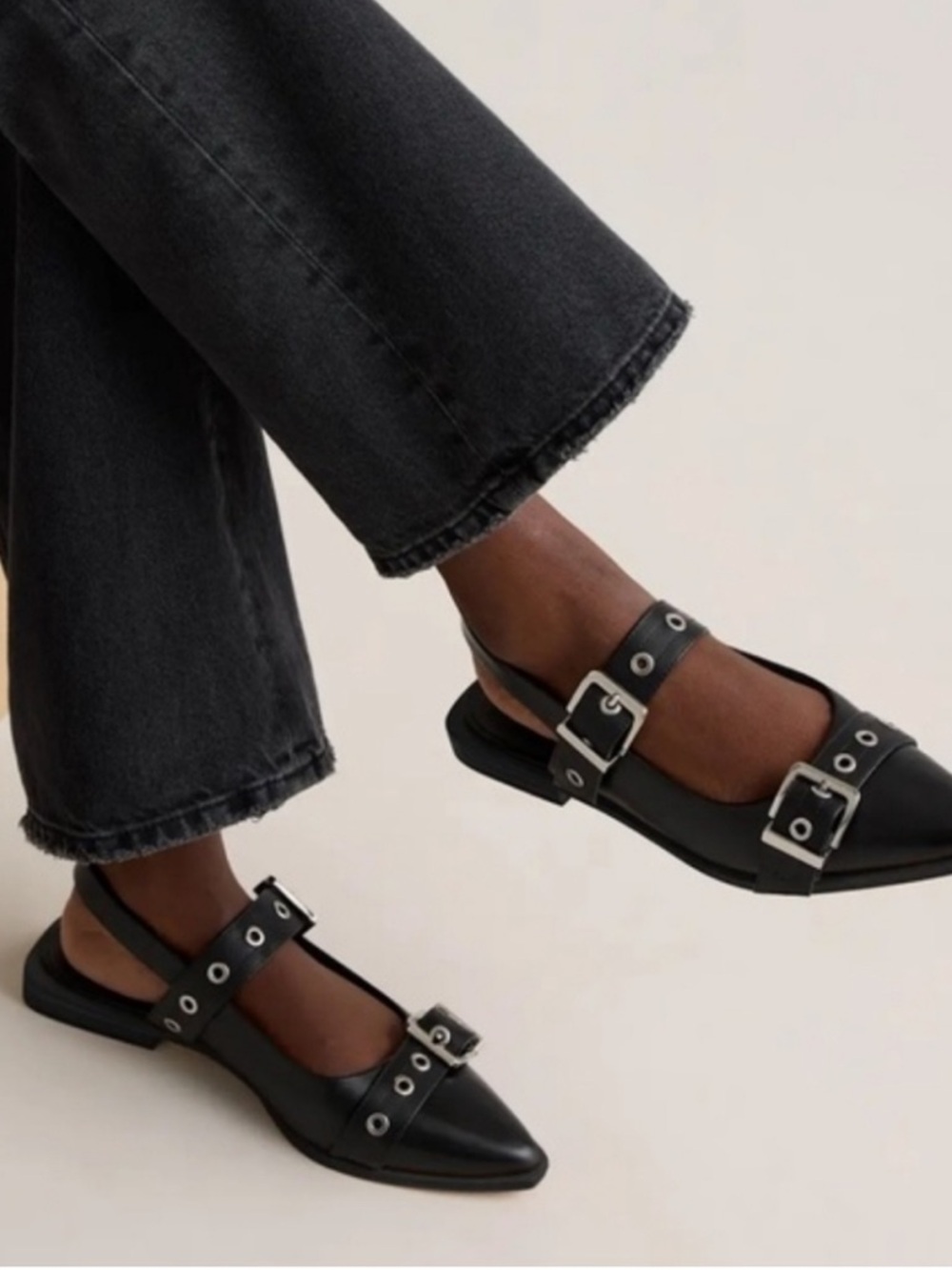 New Quince Italian Leather Bold Buckle Slingback Flats Black Ballerina Ganni 9